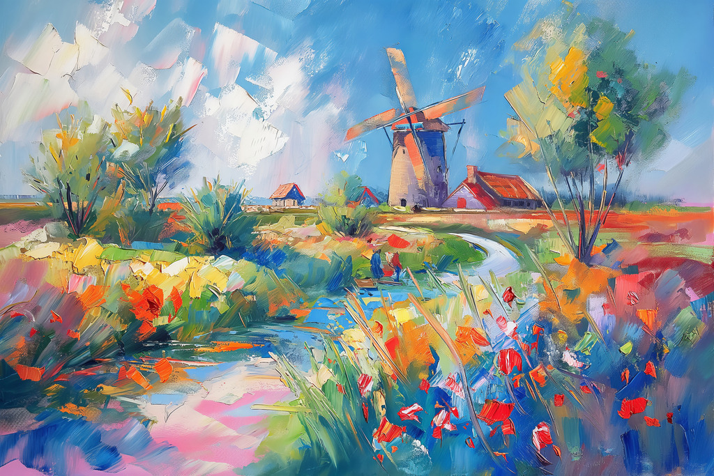 2406018 - Tulpenfeld mit Windmühle | Eine typisch holländische Landschaft mit Windmühle im Stil eines farbenfrohen sommerlichen Gemäldes.