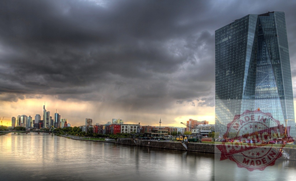 European Central Bank and Frankfurt skyline during dramatic storm | Frankfurt cityscape with the Main River and threatening clouds over the European Central Bank - Realisiert mit Pictrs.com