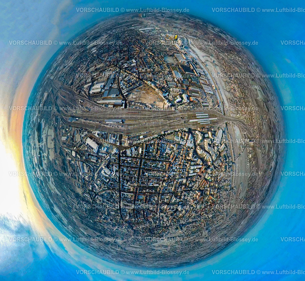 Hamm221290006Gueterbahnhof | Luftbild von Hamm im Schnee, Güterbahnhof, fisheye, Fisheye Aufnahme, Fischaugen Aufnahme, 360 Grad Aufnahme, Uentrop, Hamm, Ruhrgebiet, Nordrhein-Westfalen, Deutschland