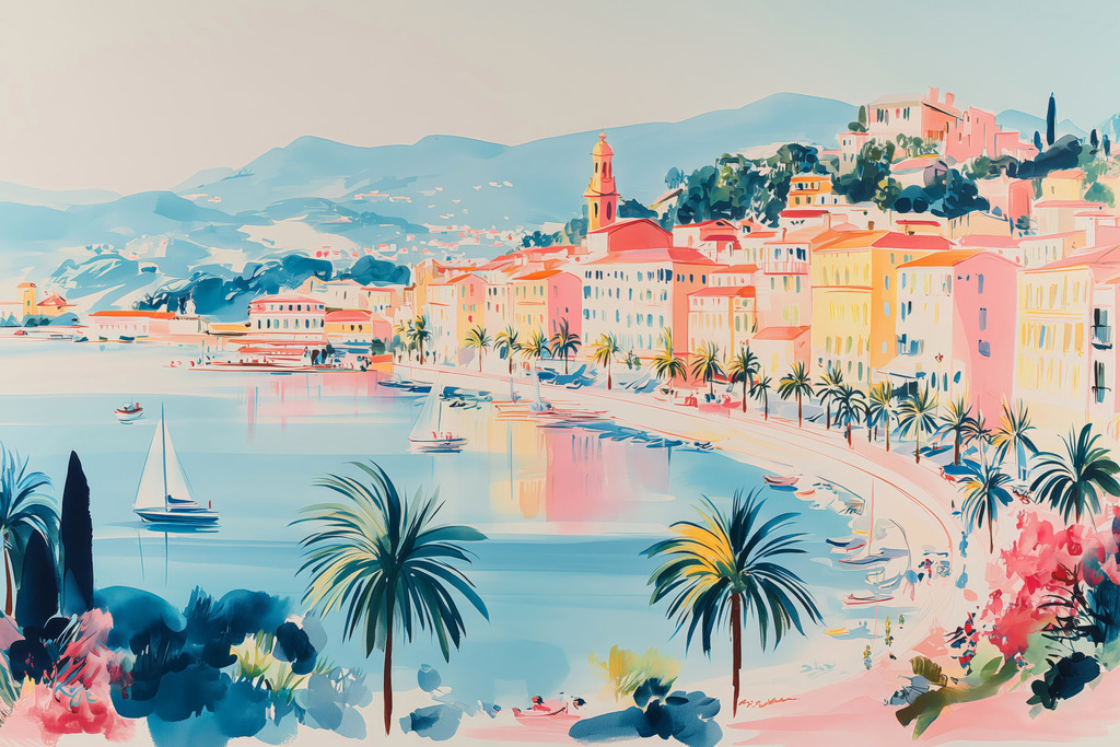 2605009 - Côte d'Azur | Das Bild fängt die helle, mediterrane Atmosphäre der französischen Riviera in sanften Pastelltönen ein. Die flächige Darstellung der Architektur und die Palmen am Ufersaum erzeugen eine ruhige, sommerliche Stimmung. Eine reduzierte Formsprache, die das zeitlose Flair der Küstenorte zwischen Nizza und Menton betont.