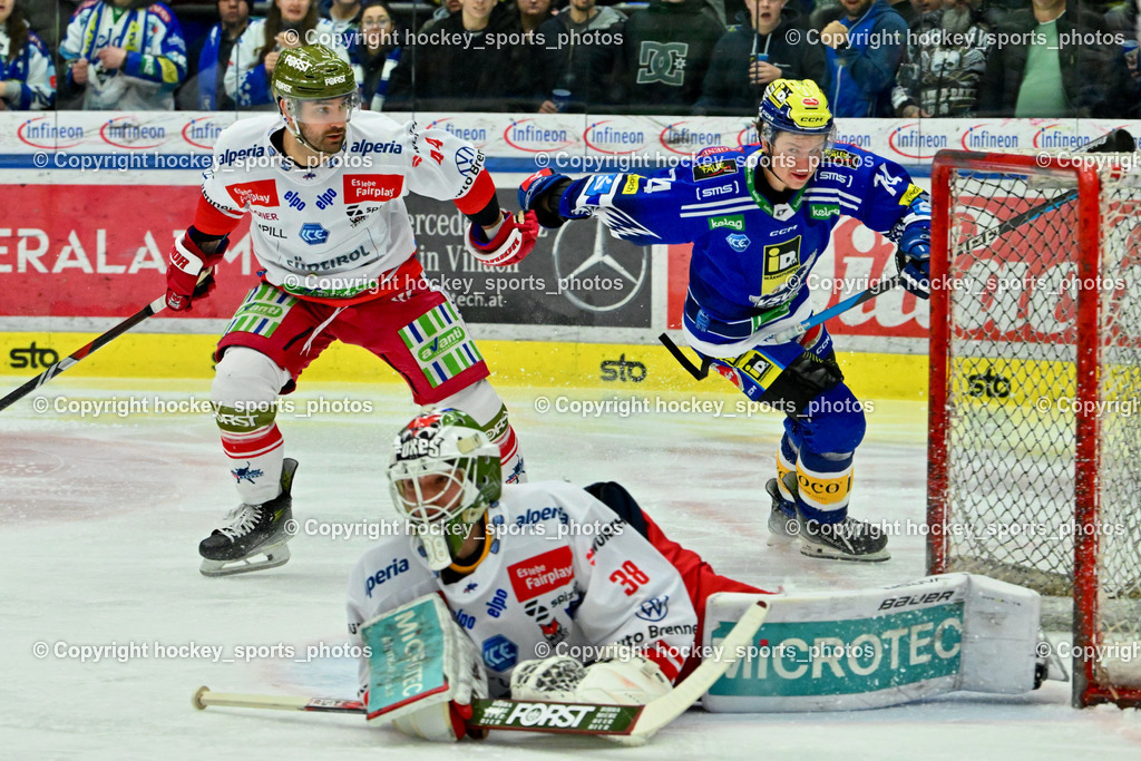 EC VSV vs. HC Bozen 16.2.2024 | #38 Harvey Sam, #44 Valentine Scott, #74 Golod Maxime, EC VSV vs. HC Bozen 16.2.2024, EC VSV vs. HC Bozen 16.2.2024 am 16.02.2024 in Villach (Stadthalle Villach), Austria, (Photo by Bernd Stefan)