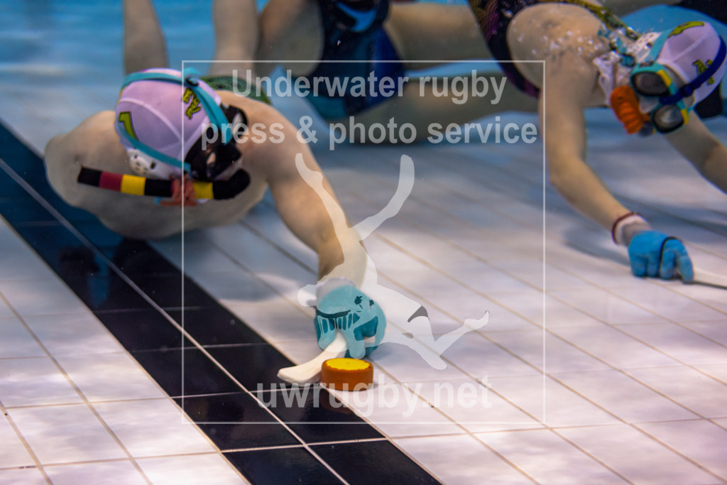 Unterwasser-Hockey: Rückrunde Liga 2023/2024 - Bild 21 | Spiel um Platz 3: TCO Weinheim 1 in blau gegen TSG Frechen in weiß. Spieler des TSG Frechen bringen den Puck durch das Spielfeld in die Nähe des gegenerischen Tores. - Realisiert mit Pictrs.com