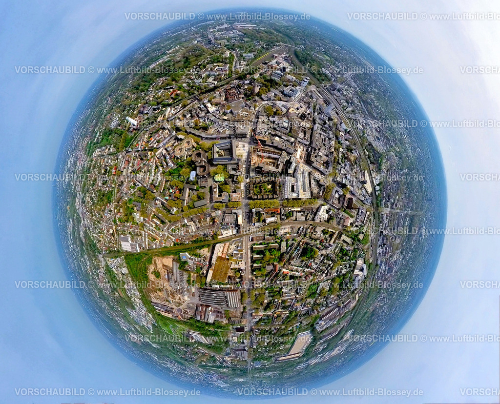 Bochum240490020Rathaus | Luftbild, Innenstadt City Ansicht mit Rathaus, Erdkugel, Fisheye Aufnahme, Fischaugen Aufnahme, 360 Grad Aufnahme, tiny world, little planet, fisheye Bild, Gleisdreieck, Bochum, Ruhrgebiet, Nordrhein-Westfalen, Deutschland