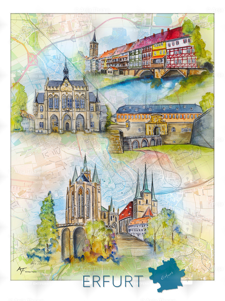 Stadtposter Erfurt | Dieses farbenfrohe Aquarell, gemalt auf der Landkarte von Erfurt, zeigt die schönsten Sehenswürdigkeiten dieser Stadt: Rathaus, Krämerbrücke, Petersberg, Dom Erfurt - Realisiert mit Pictrs.com