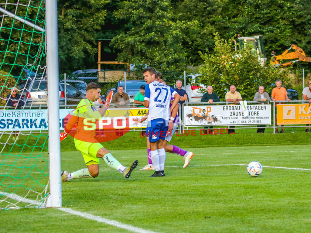 Austria Klagenfurt Amateure - SK Treibach 1-1, Kärntner Liga 2. Runde | Marcel Köstenbauer (Austria Klagenfurt Amateure #21) Samuel Lauhard (SK Treibach #27) Austria Klagenfurt Amateure - SK Treibach 1-1 am 08.08.2023 in Brückl
(Sportplatz), Austria, (Photo by Ernst Krawagner sport-fan.at) - Realisiert mit Pictrs.com
