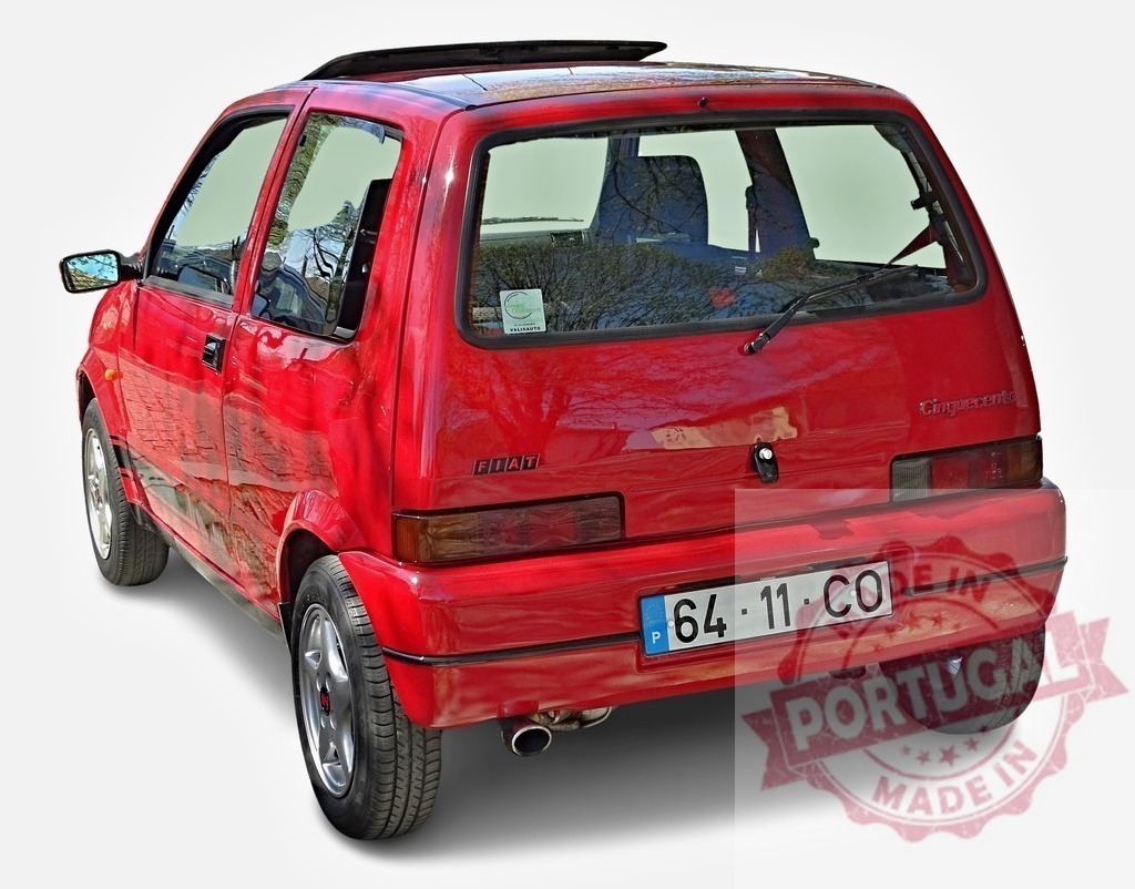 Red Fiat Cinquecento Sporting showing rear side, parked on white background | Red Fiat Cinquecento Sporting with sunroof, parked on a white background, showing its rear side - Realized with Pictrs.com