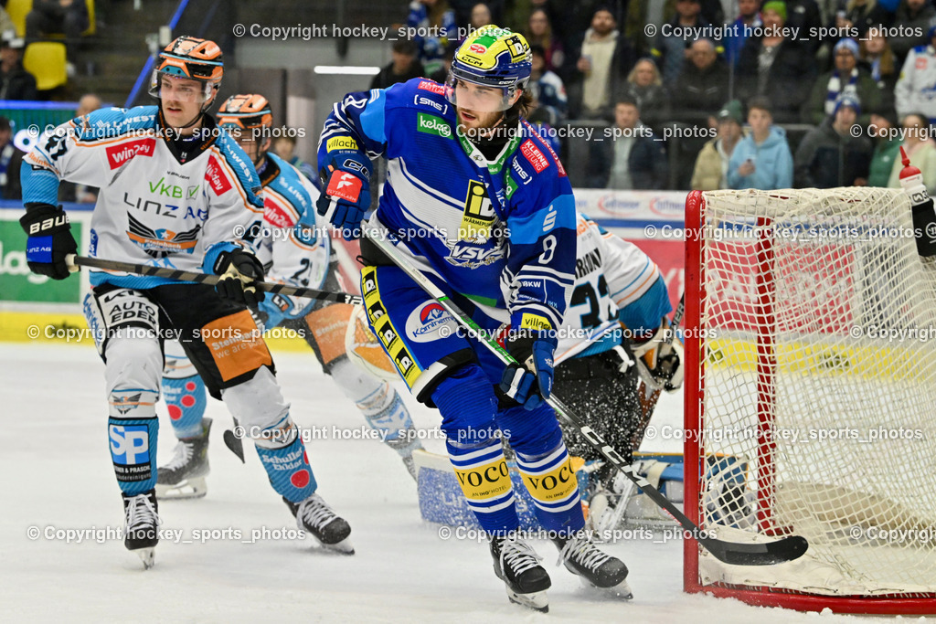 EC IDM Wärmepumpen VSV vs. STEINBACH BLACK WINGS LINZ  | #8 Rebernig Maximilian EC VSV, #47 Roe Logan BLACK WINGS LINZ, EC IDM Wärmepumpen VSV vs. STEINBACH BLACK WINGS LINZ , EC IDM Wärmepumpen VSV vs. STEINBACH BLACK WINGS LINZ  am 28.01.2025 in Villach (Stadthalle Villach), Austria, (Photo by Bernd Stefan)
