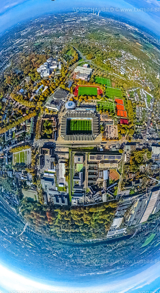 Bochum241090424VonoviaRuhrstadion-2 | Luftbild, Vonovia Ruhrstadion, Bundesligastadion des VFL Bochum 1848, Fußballstadion und Trainingsplätze und Rundsporthalle, JVA Justizvollzugsanstalt Bochum, Erdkugel, Fisheye Aufnahme, Fischaugen Aufnahme, 360 Grad Aufnahme, tiny world, little planet, fisheye Bild, Grumme, Bochum, Ruhrgebiet, Nordrhein-Westfalen, Deutschland