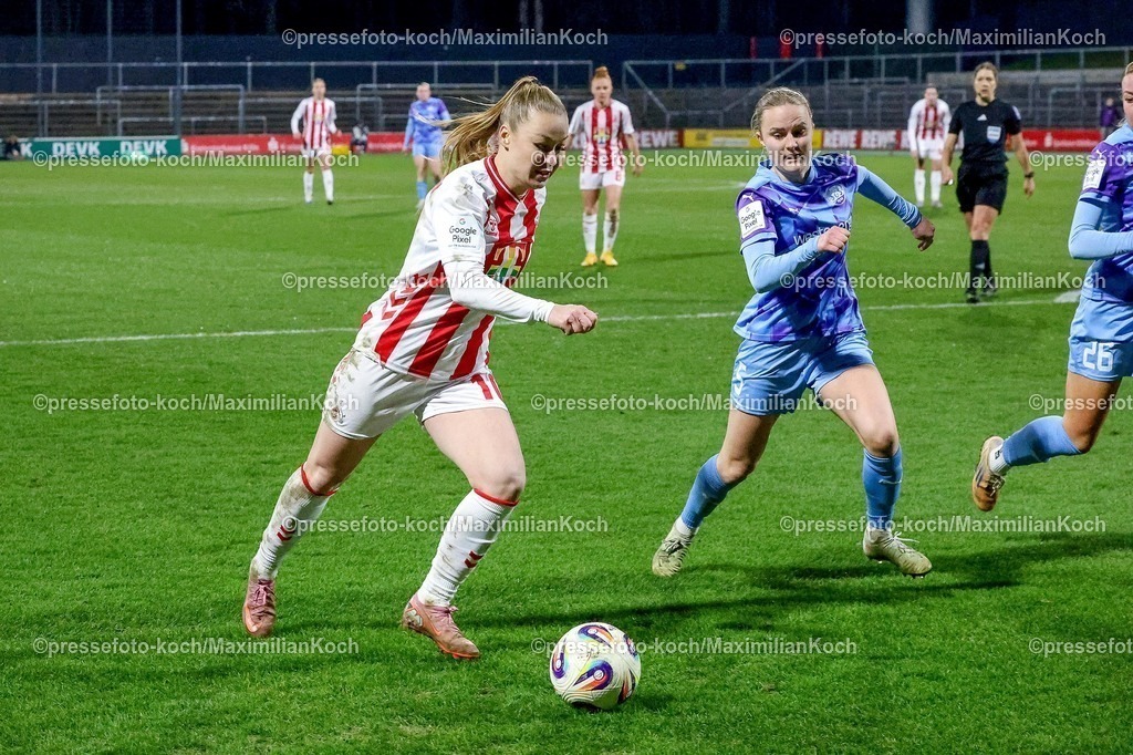 xSSCx09022601011 | 09.02.2026, xsscx, Frauen Fussball, 1. FC Koeln - SGS Essen, 1. Fussball Bundesliga, 17. Spieltag, Franz-Kremer-Stadion, Saison 2025 2026: Weronika Zawistowska (1. FC Koeln 10) im Zweikampf gegen Paula Flach (SGS Essen 5) DFB regulations prohibit any use of photographs as image sequences and or quasi-video. Photo: xSandraxScherningxPressefotoKochx