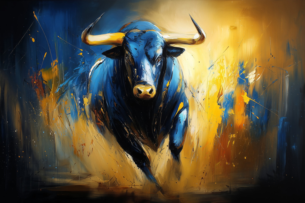 2603015 - Kraftvoller Stier in Blau und Gold | Kraftvoll, dynamisch und voller Energie – dieses ausdrucksstarke Stiermotiv steht für Stärke, Mut und Entschlossenheit. Die intensiven Blau- und Goldtöne sowie die lebendige, moderne Maltechnik verleihen dem Bild eine beeindruckende Tiefe und machen es zu einem starken Blickfang für jedes Zuhause oder Büro.