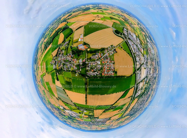 Werl240790036Budberg | Luftbild, Wohngebiet Ortsansicht Ortsteil  Budberg, umgeben von Wiesen und Feldern, kachelförmige Strukturen, Erdkugel, Fisheye Aufnahme, Fischaugen Aufnahme, 360 Grad Aufnahme, tiny world, little planet, fisheye Bild, Budberg, Werl, Soester Börde, Nordrhein-Westfalen, Deutschland