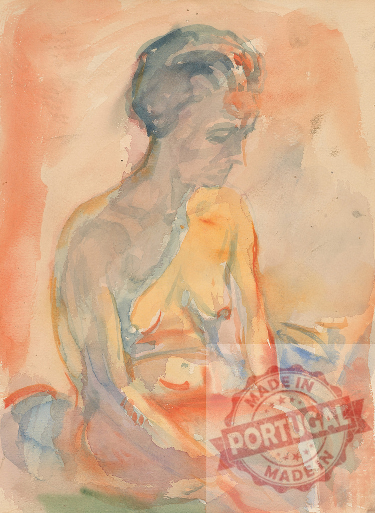 Nude woman sitting in expressive watercolor painting | Edvard Munch Nude woman sitting in a pensive posture, expressing melancholy and vulnerability - Realized with Pictrs.com