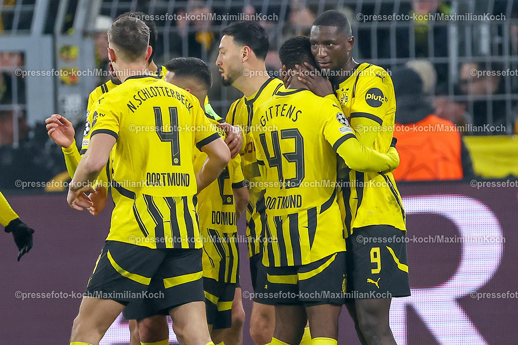 UCL11122401087 | 11.12.2024, UEFA Champions League, Borussia Dortmund - FC Barcelona, 8. Spieltag, Signal Iduna Park, Saison 2024 2025: Torjubel nach dem 2:2 durch Torschütze Serhou Guirassy (BVB #9)