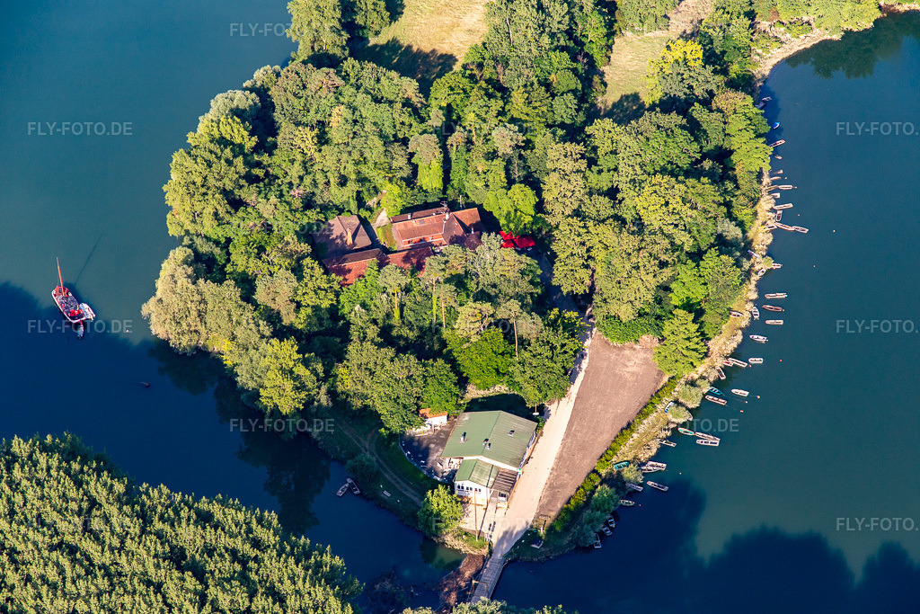 Luftbild: Restaurant auf Insel Rott am Rhein in Linkenheim-Hochstetten im Bundesland Baden-Württemberg in Deutschland. Foto: IMG_141801.jpg vom 18.06.2024 durch Werner Riehm/FLY-FOTO.de