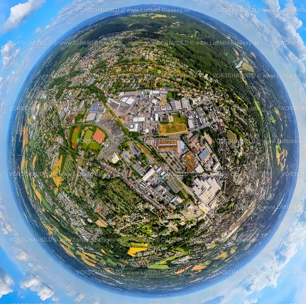 Witten230790039_Mitte_Gewerbegebiet | Luftbild, Stadtmitte, Wullenstadion, Stadtwerke und Gewerbegebiet Dortmunder Straße mit Betriebshof, Radweg Rheinischer Esel, Erdkugel, Fisheye Aufnahme, Fischaugen Aufnahme, 360 Grad Aufnahme, tiny world, , Witten, Ruhrgebiet, Nordrhein-Westfalen, Deutschland