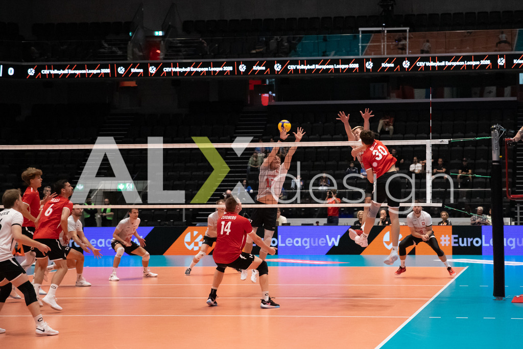 Luxembourg v Switzerland - CEV European League Men | KRIENS, SWITZERLAND - JUNE 12: FILIP BILAN of Luxembourg attack / spike against ALEXANDER LENGWEILER of Switzerland block during the CEV European League match between Luxembourg and Switzerland at Pilatus Arena on June 12, 2026 in Kriens, Switzerland. - Realisiert mit Pictrs.com