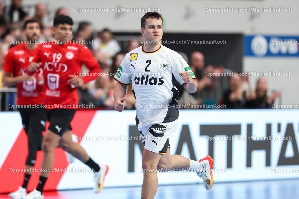 xKWIx22032601068 | 22.03.2026, Handball, Länderspiel Herren, Deutschland - Ägypten, ÖVB-Arena Bremen:  Tim Freihöfer (Germany #02) Jubelt nach Tor xKamilxWilkowskixPressefotoKochx
