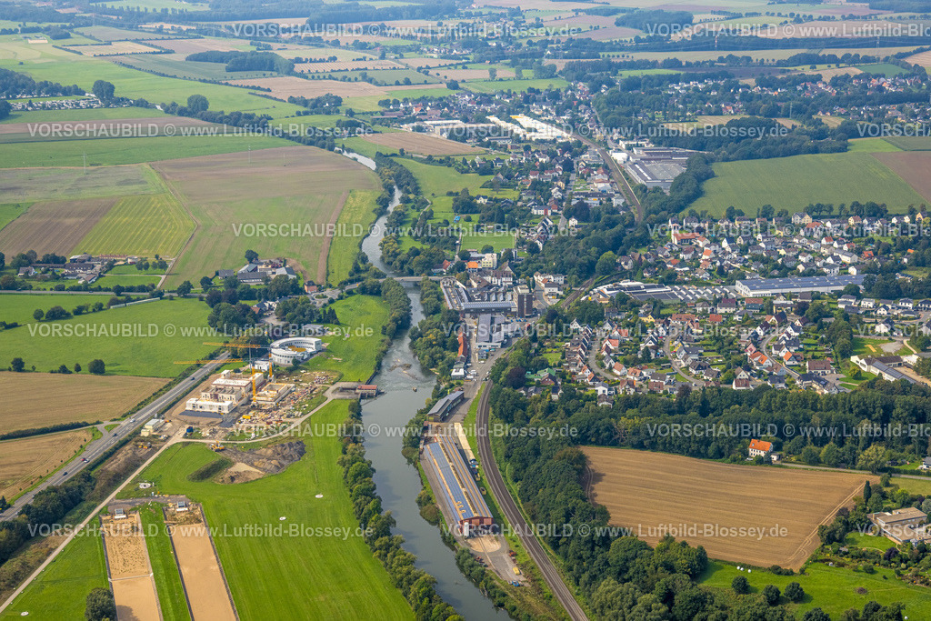Froendenberg230902057 | Luftbild, Wasserwerke Westfalen GmbH am Fluss Ruhr, Ortsteil Langschede, Baustelle mit Neubau, Halingen, Menden, Ruhrgebiet, Nordrhein-Westfalen, Deutschland