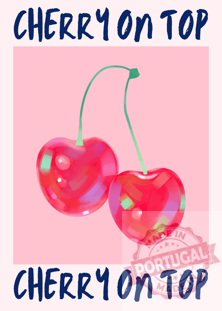 Two cherries hanging representing the cherry on top expression | Illustration of two cherries on a pink background representing the expression cherry on top - Realisiert mit Pictrs.com