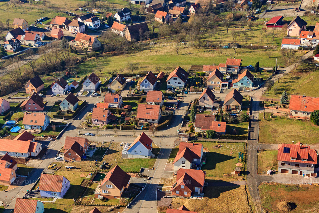 Aerial view: Rue Lambert in Lampertsloch in the state Bas-Rhin, France.Photo: IMG_37409.jpg taken on 02/07/2011 by Werner Riehm/FLY-FOTO.comResolution of the original: 4132 x 2755 px