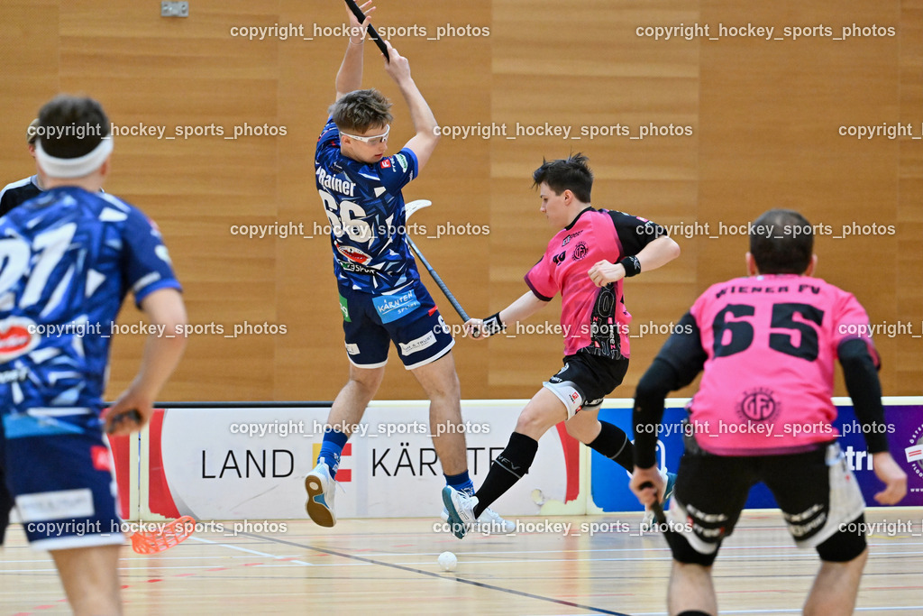 VSV Unihockey vs. Wiener Floorballferein 6.4.2024 | #66 Jakob Rainer VSV Unihockey, #79 Christopher Langer Wiener Floorballverein, VSV Unihockey vs. Wiener Floorballferein 6.4.2024, VSV Unihockey vs. Wiener Floorballferein  am 06.04.2024 in Villach (Ballspielhalle St. Martin), Austria, (Photo by Bernd Stefan)