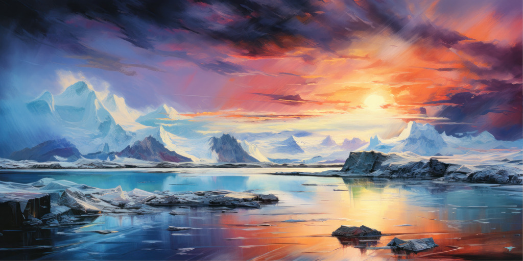 2307261 - Eisiger Sonnenuntergang | Bestellen Sie dieses digitale Gemälde eines Sonnenuntergangs in einer Polarlandschaft als hochwertigen Kunstruck auf Leinwand, Acrylglas, Alu-Dibond oder als Poster.