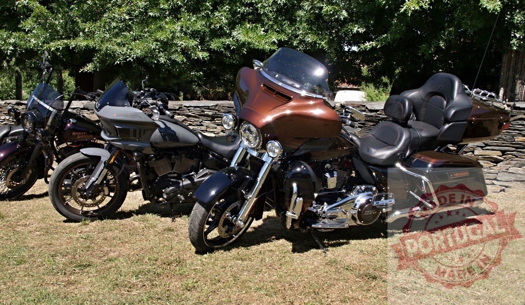 Harley-Davidson motorcycles parked on grass near stone wall | Two Harley-Davidson motorcycles, one brown and one black, parked on grass near a stone wall - Realisiert mit Pictrs.com