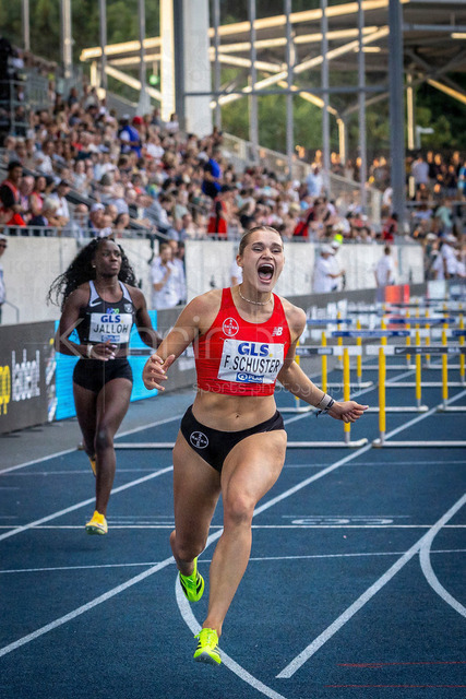 Deutsche Leichtathletik-Meisterschaften; Bochum-Wattenscheid, 25.07.2026 | Deutsche Meisterin über 100m Hürden Franziska Schuster (TSV&nbsp;Bayer&nbsp;04&nbsp;Leverkusen); Deutsche Leichtathletik-Meisterschaften am 25.07.2026 im Lorheide-Stadion, Bochum-Wattenscheid (Nordrhein-Westfalen).