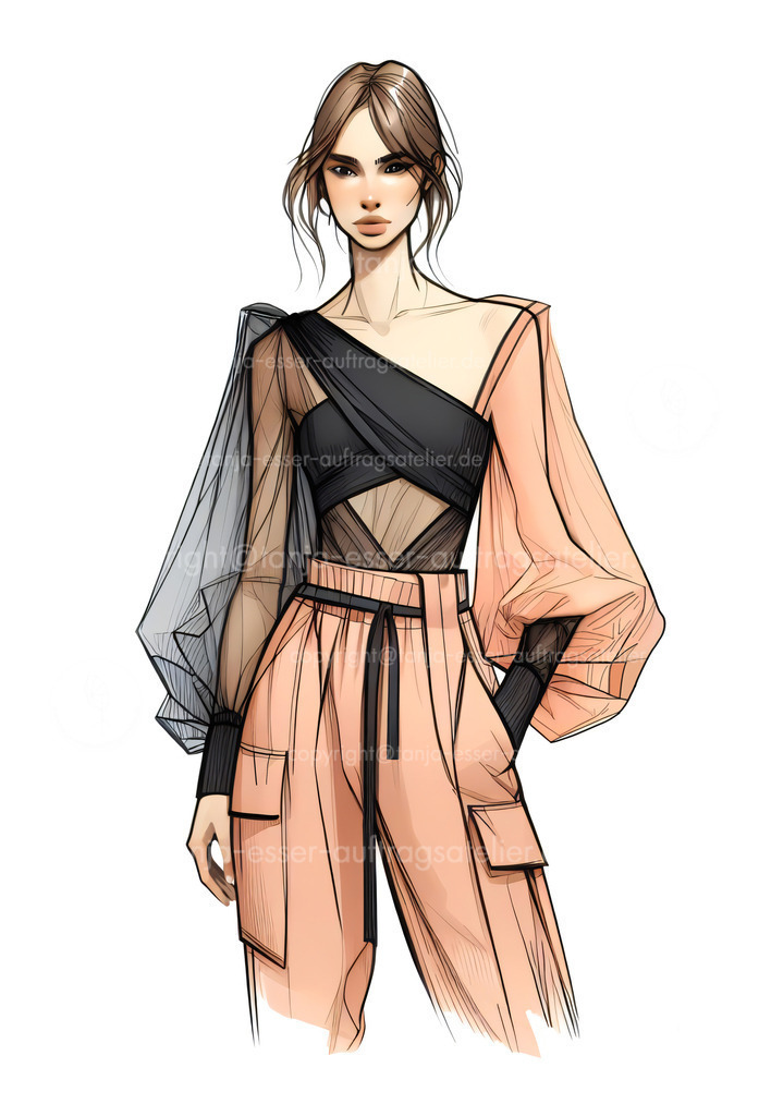 Modeskizze 1 D | KI Illustration einer Modeskizze, Modeentwurf von einer KI designt. Outfit enthält akutelle Mode Themen wie Transparenz, bauchfrei, hohe Taille und die Farbe Peach Fuzz. 
