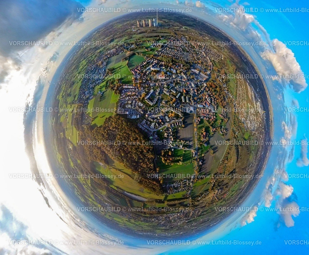 Hamm231190067HerringenWaldenburgerStrasse-topaz | Luftbild, Ortsansicht Wohngebiet Herringen Waldenburger Straße umgeben von herbstlichen Laubbäumen, Erdkugel, Fisheye Aufnahme, Fischaugen Aufnahme, 360 Grad Aufnahme, tiny world, little planet, fisheye Bild, Stadtbezirk Herringen, Hamm, Ruhrgebiet, Nordrhein-Westfalen, Deutschland