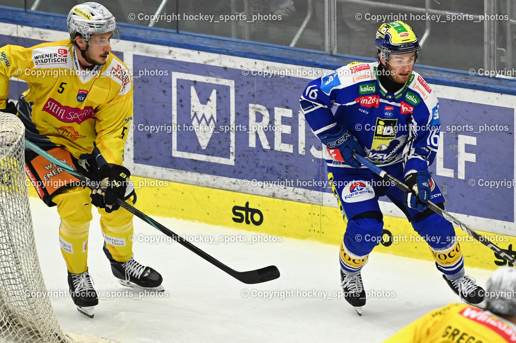 EC IDM WÄRMEPUMPEN VSV vs. Vienna Capitals | #5 Dominic Hackl Vienna Capitals, #16 Kevin Hancock EC VSV, EC IDM WÄRMEPUMPEN VSV vs. Vienna Capitals, EC IDM WÄRMEPUMPEN VSV vs. Vienna Capitals am 16.11.2025 in Villach (Stadthalle Villach), Austria, (Photo by Bernd Stefan)