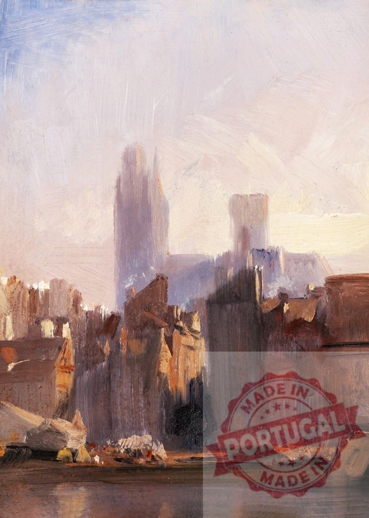 Canterbury Cathedral emerging from the morning mist over the River Stour | Impressionistic oil painting capturing the majestic Canterbury Cathedral rising above the rooftops along the River Stour, bathed in the soft light of early morning - Realized with Pictrs.com