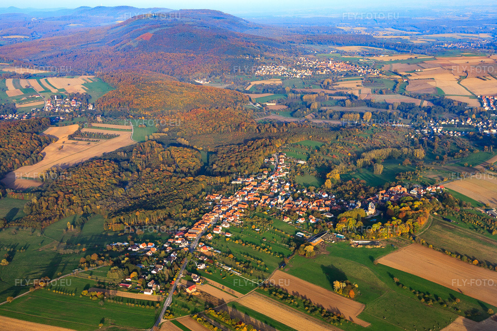 Vue aérienne: Vue de la ville depuis l'ouest à Frœschwiller dans le département Bas Rhin, France – .Photo: IMG_54187.jpg prise le 21/10/2012 par Werner Riehm/FLY-FOTO.eu – Résolution de l'original: 4462 x 2975 px