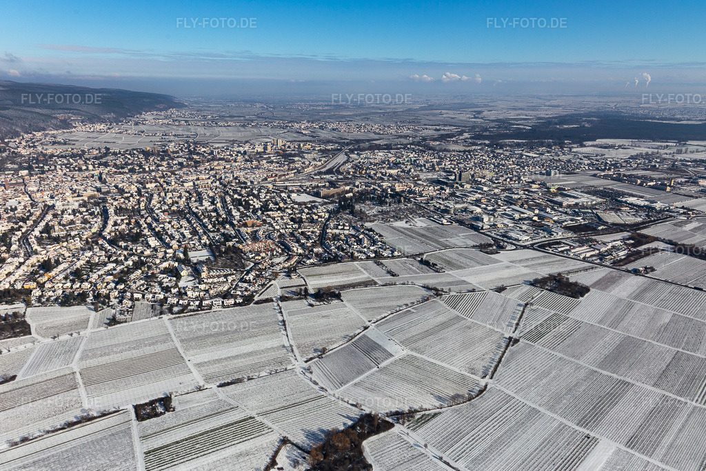 Luftbild: Winterluftbild im Schnee in Neustadt an der Weinstraße im Bundesland Rheinland-Pfalz in Deutschland. Foto: IMG_124605.jpg vom 11.02.2021 durch Werner Riehm/FLY-FOTO.de