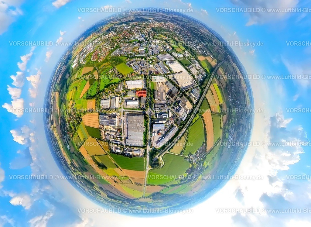 Werl230891048 Autobahnende A445 Hammer Strasse-topaz | Luftbild, Werl-Nord Autobahnende der Autobahn A445 auf die Bundesstraße B63, Logistikzentrum Werl, Hammer Straße, Erdkugel, Fisheye Aufnahme, Fischaugen Aufnahme, 360 Grad Aufnahme, tiny world, Budberg, Werl, Ruhrgebiet, Nordrhein-Westfalen, Deutschland