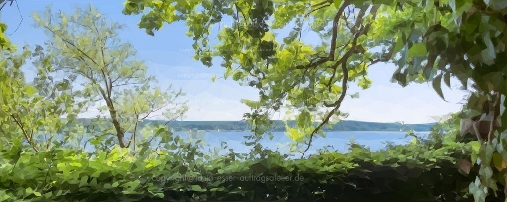 Möhnesee in abstrakten Polygonen | Panorama Bild vom Möhnesee umrahmt von grünen, belaubten Ästen. Im Sommer sind viele Segelschiffe zu sehen. Bild besteht aus vielen Polygonen. Low Poly Art.
