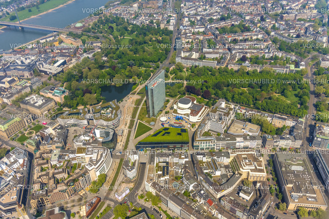 Duesseldorf240500914 | Luftbild, Dreischeibenhaus und Schauspielhaus, Ingenhovental mit grünem Pflanzendach, Einkaufszentrum Kö-Bogen, Hofgarten Stadtpark, Stadtmitte, Düsseldorf, Rheinland, Nordrhein-Westfalen, Deutschland