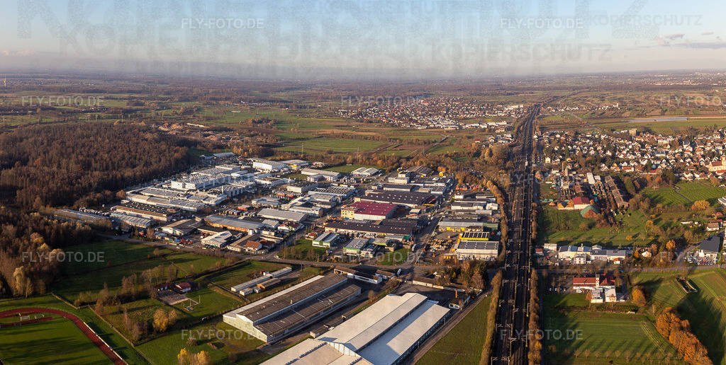 Gewerbegebiet und Firmenansiedlung | Luftbild: Gewerbegebiet und Firmenansiedlung in Appenweier im Bundesland Baden-Württemberg in Deutschland. Foto: IMG_119946-Pano.jpg vom 30.11.2019 durch Werner Riehm/FLY-FOTO.de - Realisiert mit Pictrs.com