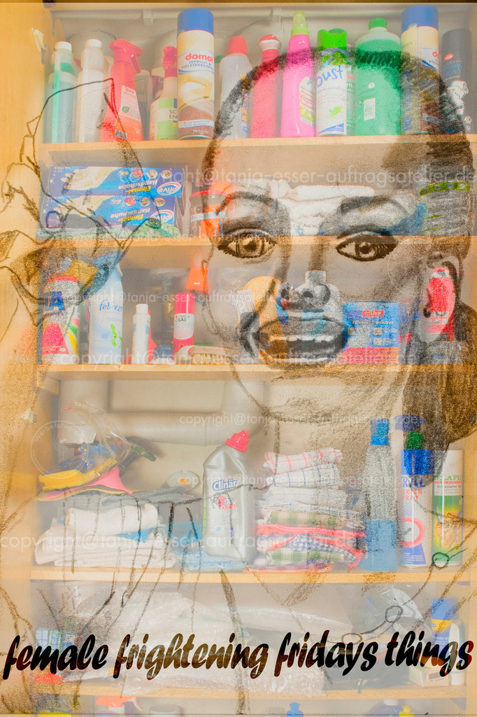 Female frightening fridays things | Analoge Bleistift Illustrartion zeigt eine Frau beim Putzen. Doppelbelichtung mit einem Foto eines typischen Putzmittelschrankes. Englischer Text: female frightening fridays things (weibliche Freitagsschrecken). Eine Anspielung darauf, dass die Haushaltsaufgaben meistens von Frauen erledigt werden müssen und dass dies oft freitags geschieht. 