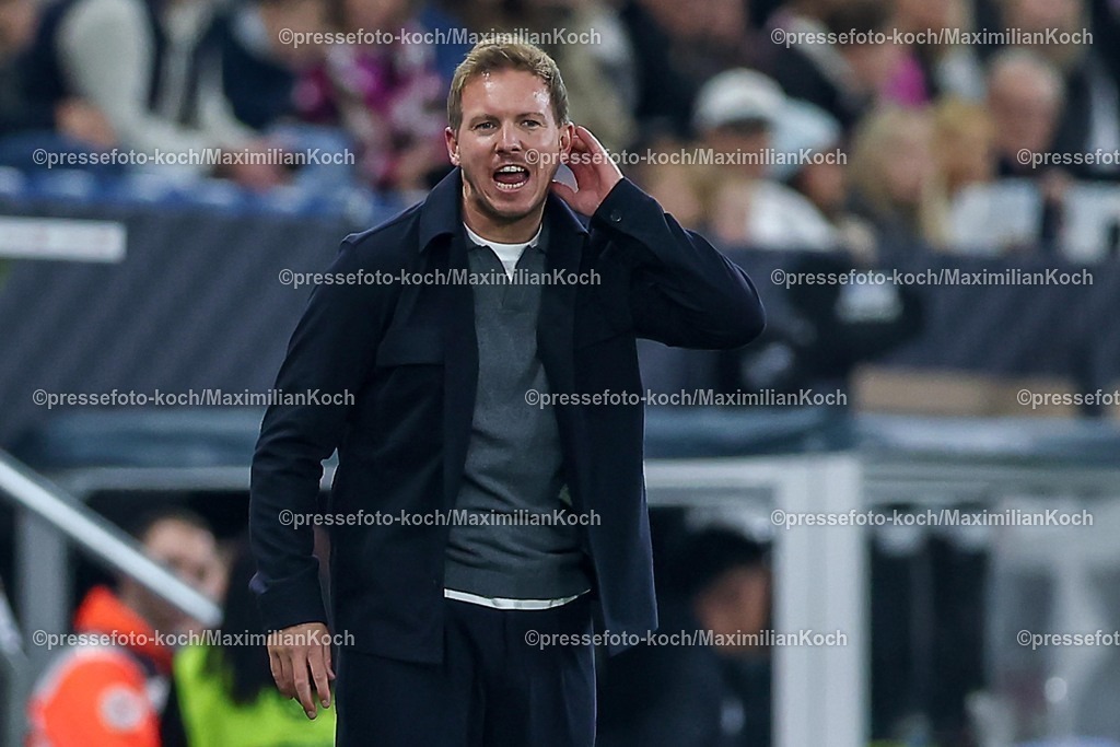 DFB10102502176 | 10.10.2025, Fußball, Länderspiel, Deutschland - Luxemburg, UEFA WM-Qualifikation, 2025/2026, Gruppe A, PreZero Arena in Sinsheim: Nationaltrainer Julian Nagelsmann (GER #hc) gestikulierend an der SeitenlinieDFB regulations prohibit any use of photographs as image sequences and or quasi-video.