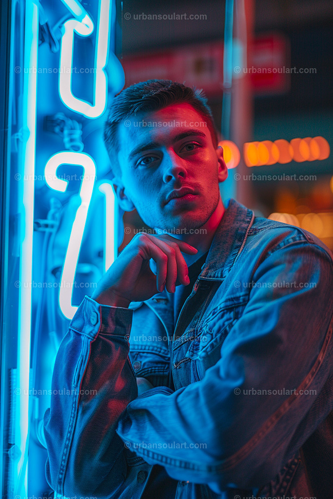 Man In Front Of Neon Add | A striking image of a man standing in front of a glowing neon sign, capturing the essence of city nightlife. Ideal for fans of urban and contemporary art, this artwork adds a cool, edgy atmosphere to any decor. - Realisiert mit Pictrs.com