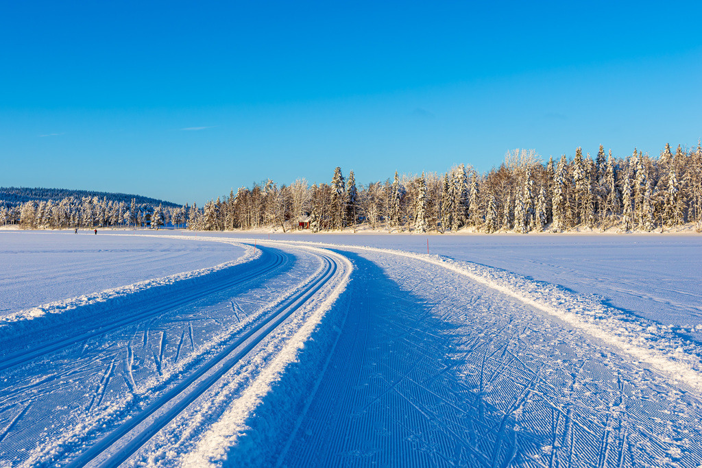 Landschaft im Winter mit Loipe und Wald in Äkäslompolo, Finnland | Landschaft im Winter mit Loipe und Wald in Äkäslompolo, Finnland.