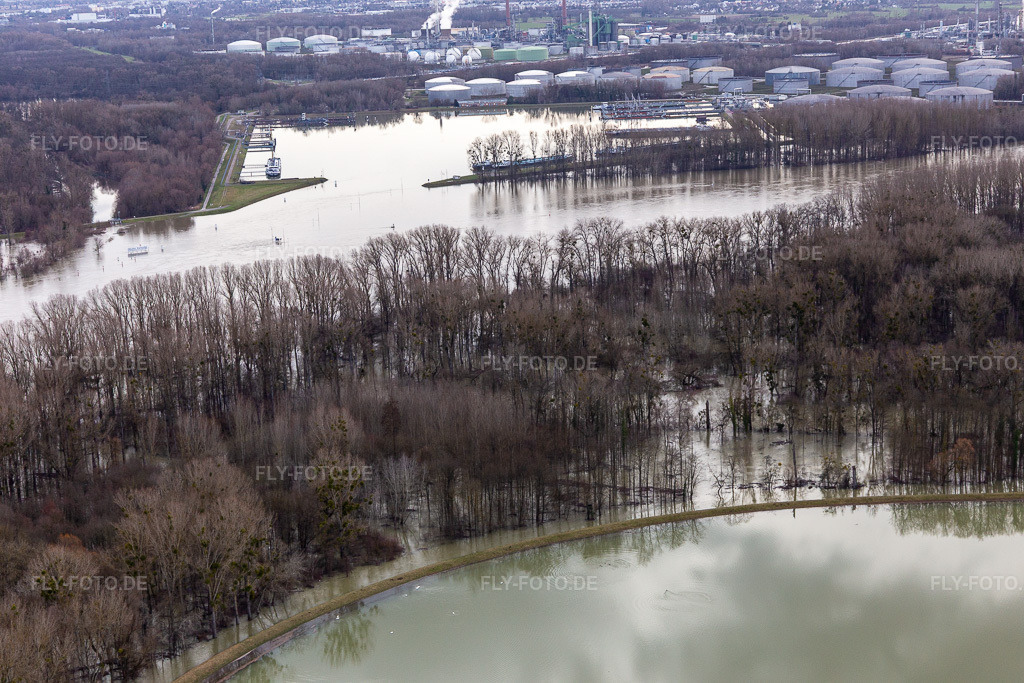Luftbild: Kaianlagen und Schiffs- Anlegestellen am Hafenbecken des Binnenhafen Oelhafen bei Rhein-Hochwasser. im Ortsteil Knielingen in Karlsruhe im Bundesland Baden-Württemberg in Deutschland. Foto: IMG_124216.jpg vom 04.02.2021 durch Werner Riehm/FLY-FOTO.deAuflösung des Originals: 5472 x 3648 px