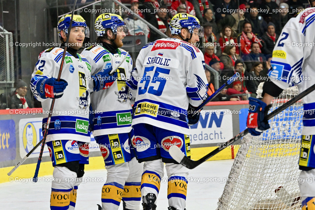 EC KAC vs. EC IDM Wärmepumpen VSV 5.11.2023 | Jubel EC VSV Mannschaft, #72 Hughes John, #55 Sabolic Robert, #16 Hancock Kevin