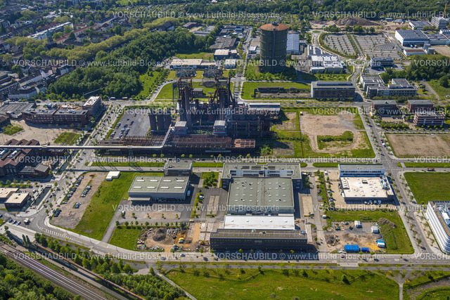 Dortmund230504205 | Luftbild, Technologiepark Gewerbegebiet Phoenix West, Zentrum für Produktionstechnologie (ZfP), Albonair GmbH, bitop AG Pharma, Gasometer und Hochofen Stahlwerk Ruine, Baustelle, Hörde, Dortmund, Ruhrgebiet, Nordrhein-Westfalen, Deutschland