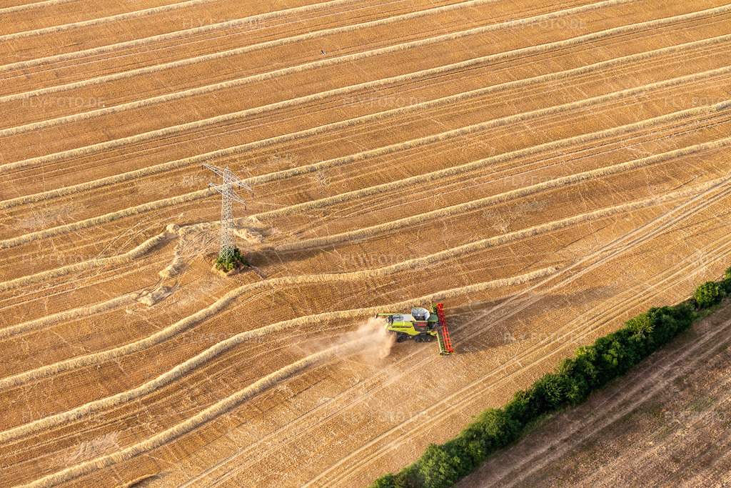 Luftbild: Rapsernte im Ortsteil Mühlberg in Drei Gleichen im Bundesland Thüringen in Deutschland. Foto: IMG_116110.jpg vom 10.07.2019 durch Werner Riehm/FLY-FOTO.de