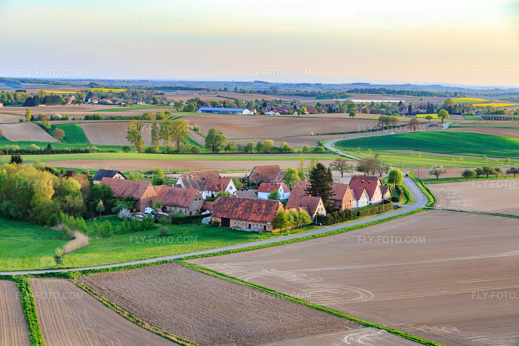 Aerial view: Frohnackerhof district in Seebach in the state Bas-Rhin, France. – Photo: IMG_078029.jpg taken on 04/24/2015 by Werner Riehm/FLY-FOTO.com – Resolution of the original: 5472 x 3648 px