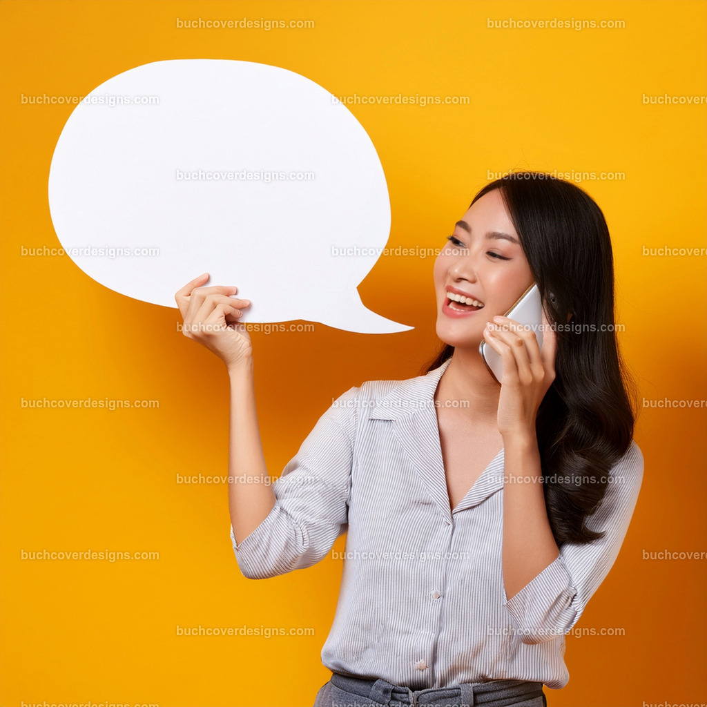 frau mit Mobile Telefon und Sprechblase (17) | Entdecken Sie kreative Buch Cover Designs für Self-Publishing-Autoren und Verlage! Unsere maßgeschneiderten Designs ziehen Leser an und bringen Ihre Geschichten visuell zum Leben. Lassen Sie uns Ihr perfektes Cover gestalten!