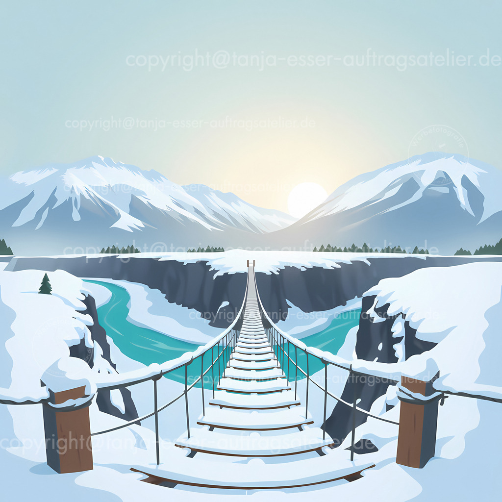 Seilbruecke in Winterlandschaft. D | Illustration einer Gletscherlandschaft mit Gletscherwasser in einer Felsspalte. Eine verschneite Seilbrücke führt über den eiskalten Fluss. Nebliges Sonnenlicht. Generative KI.