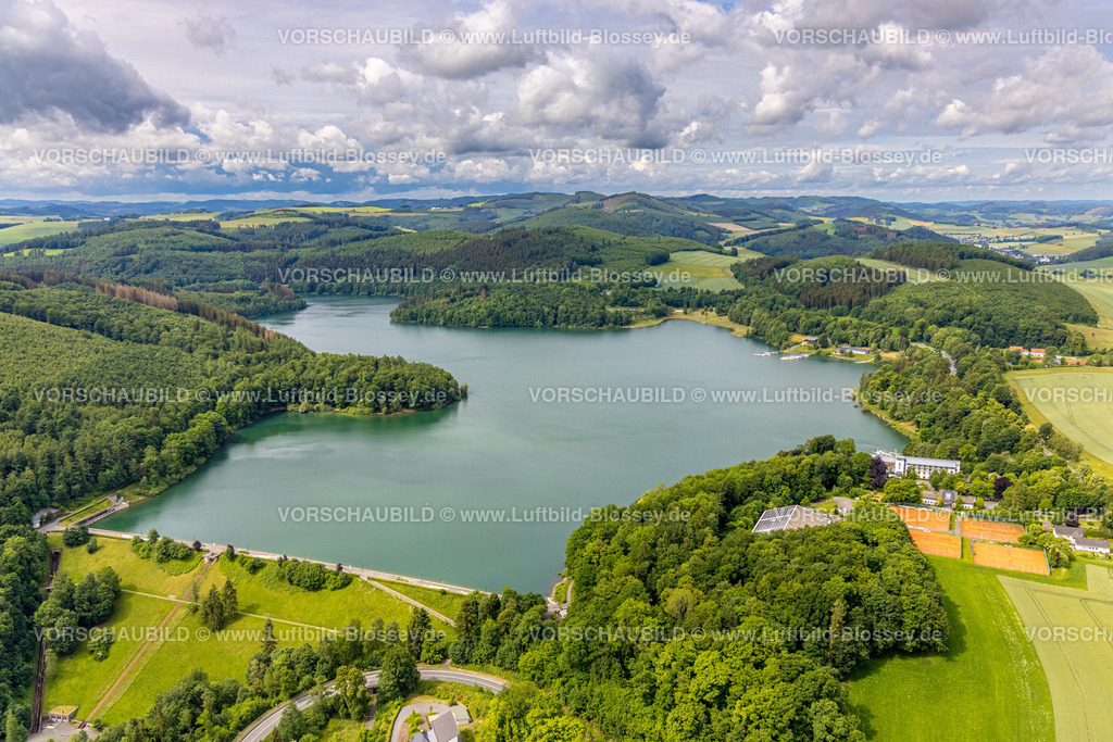 Meschede220600969 | Luftbild, Hennesee mit Staumauer und Waldgebiet, Berghausen, Meschede, Sauerland, Nordrhein-Westfalen, Deutschland